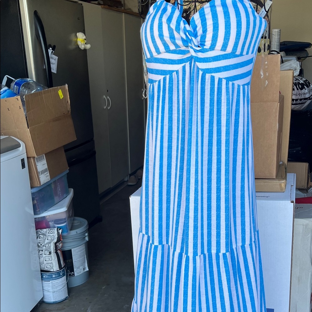 Blue and White Striped Maxi Dress